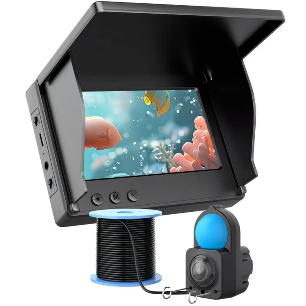 Underwater fishing camera system with monitor displaying underwater scene.