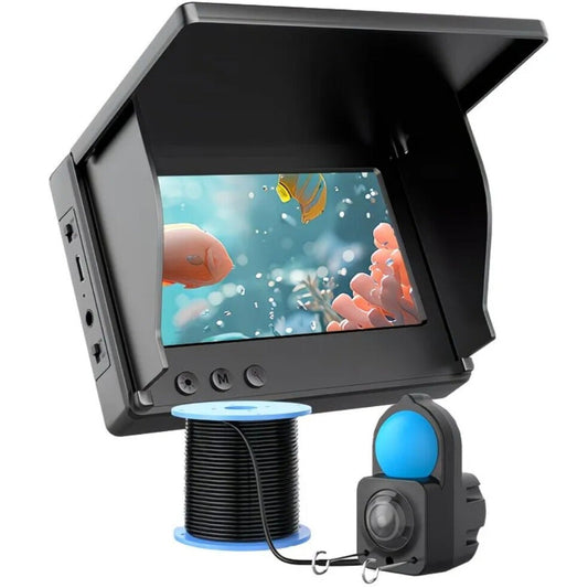 Underwater fishing camera system with monitor displaying underwater scene.