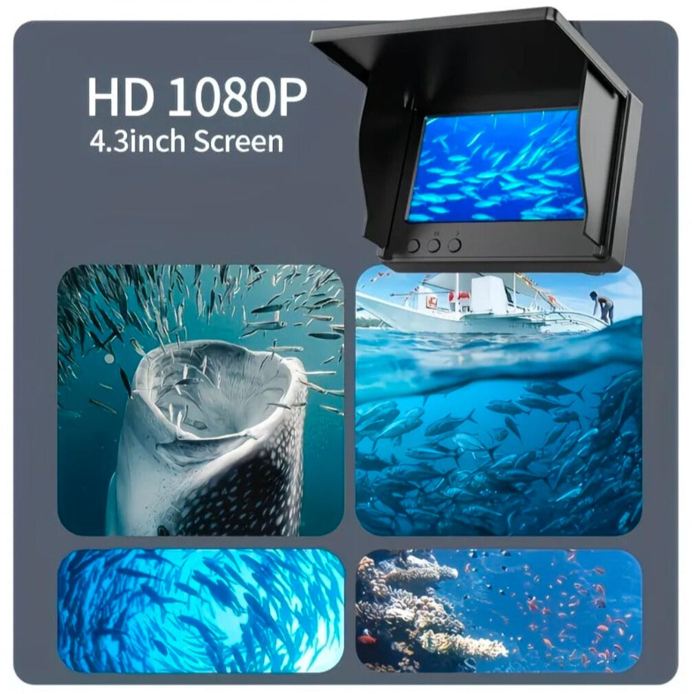 Underwater fishing camera with 4.3-inch screen displaying underwater scenes.